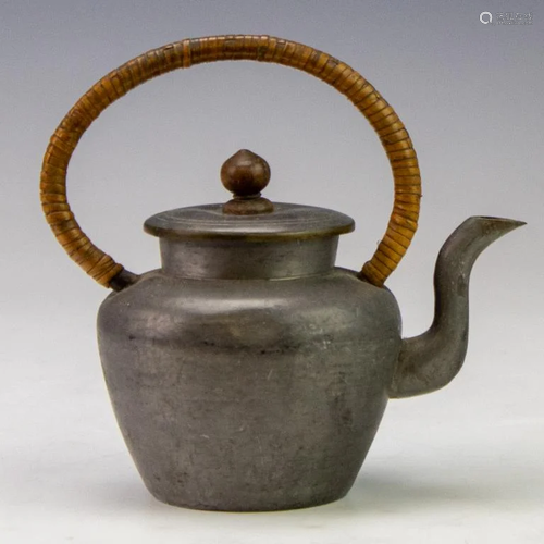 Antique Chinese Pewter Teapot w/ Handle & Wax Seal