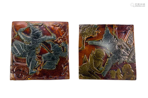 LOT 2 LRG Thai Pottery Tiles Figural Temple Scenes