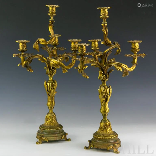 PR Antique French Dore Bronze 4 Light Candelabras