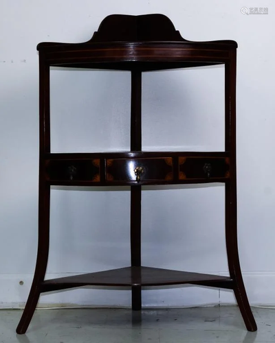 Antique Wood Corner Shelf & Drawers w/ Marquetry