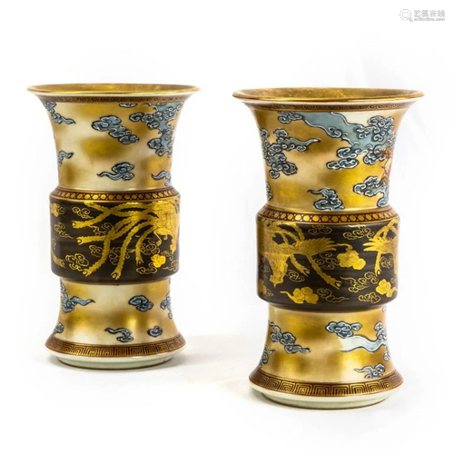 Pair Meiji Satsuma Japanese Dragon Pottery Vases