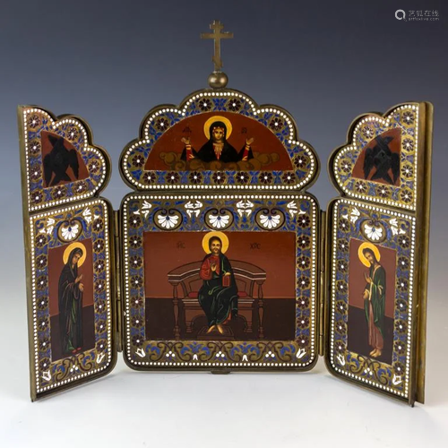 FINE Russian Enameled Bronze Triptych Lacquer Icon