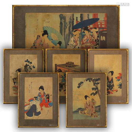 6 Antique Japanese Figural Color Woodblock Prints