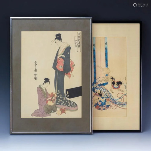 Pair Japanese Geisha Girl & Dog Woodblock Prints