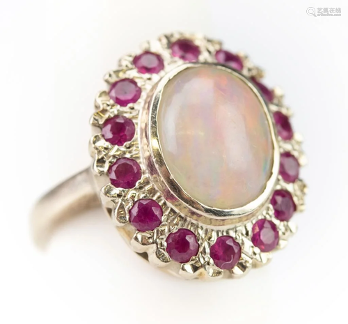 Vintage 14k Gold Opal & Red Ruby White Gold Ring