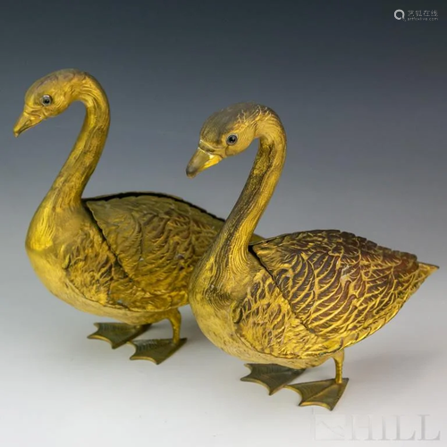 Pair Antique French Dore Bronze Goose Swan Vases