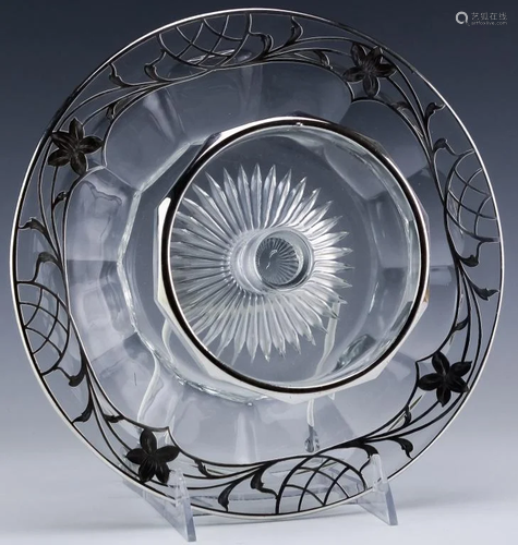 Nouveau Sterling Silver Overlay Glass Tiered Dish