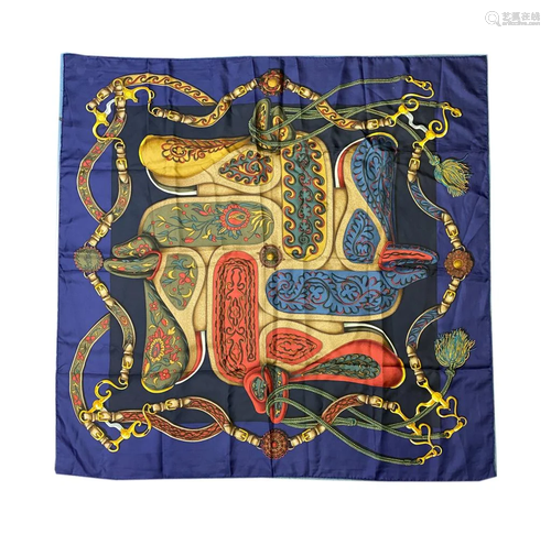 Hermes Navy Blue Festival Des Amazones Silk Scarf