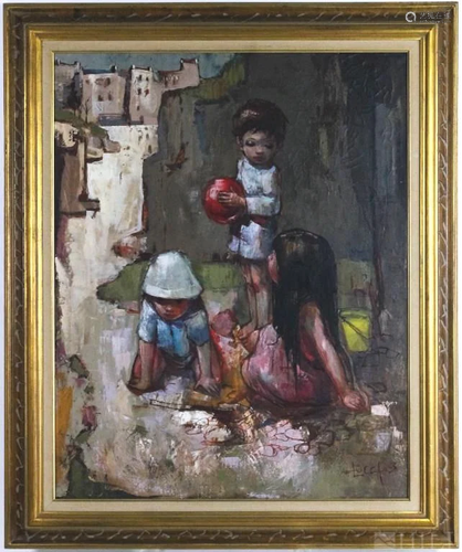 Bernard Locca Oil On Canvas Painting Kids w/ Ball