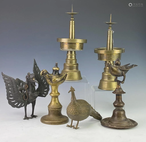 LOT 6 Brass Iron Asian Tibetan Bird Candlesticks