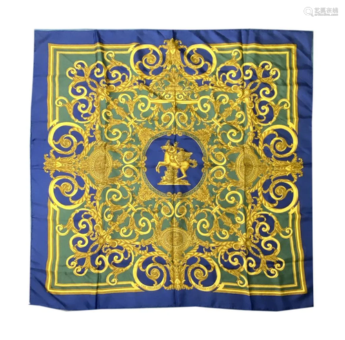 Hermes Vintage Les Tuileries Blue Green Silk Scarf