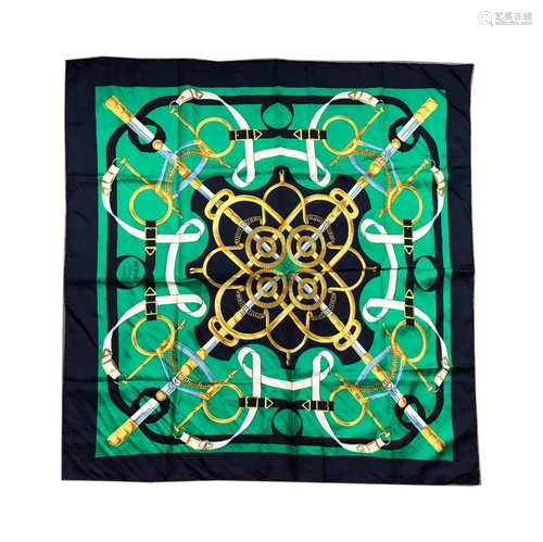 Hermes Eperon d'or Green Gold Navy Silk Scarf