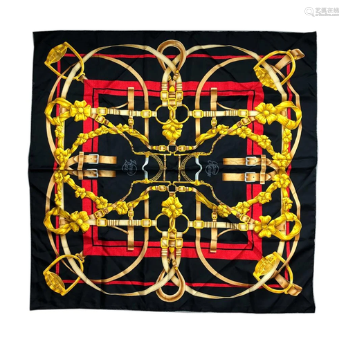 Hermes Black Red Gold Grand Manege Silk Scarf