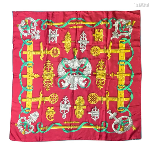 Hermes Maroon Green & Gold Ferronnrie Silk Scarf