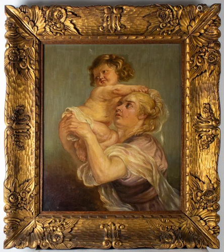 Early Mother & Child Figural Portrait Oil Painting