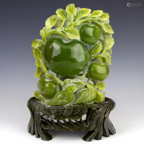 Large Chinese Carved Jade Birds & Apple Sculpture