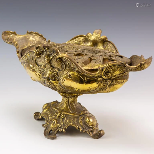 Ornate Bronze Rococo Centerpiece Flower Frog Bowl