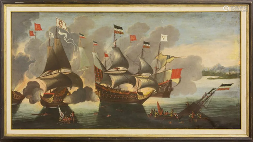 Large Antique European Naval Battle Oil Painting