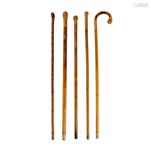 Five Chinese Carved Bamboo Walking Stick Canes