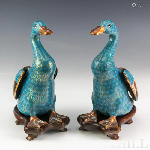 Pair Chinese Cloisonne Enamel Seated Duck Statues