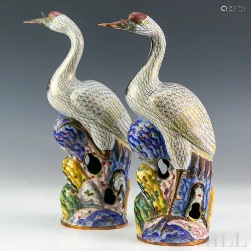 Pair Chinese Cloisonne Enamel Heron Bird Statues