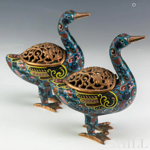 Pair Chinese Cloisonne Enamel Duck Figure Censers