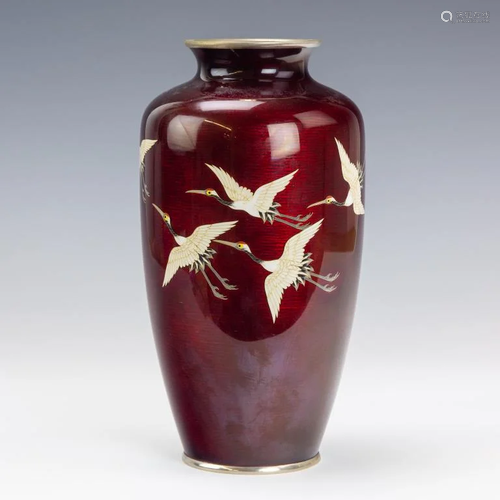 Japanese Ando Guilloche Enamel Pigeon Blood Vase