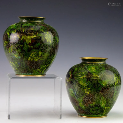 2 Chinese Japanese Green Fine Wire Filigree Vases