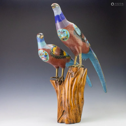 Pair Old Chinese Cloisonne Perched Pheasant Bi…