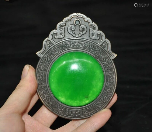 A BRONZE INLAY GREEN JADE DRAGON PEND…