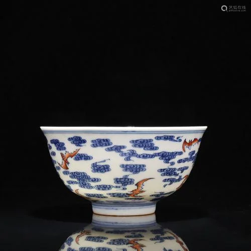 A BLUE AND WHITE RED BAT BOWL QING DYNASTY.