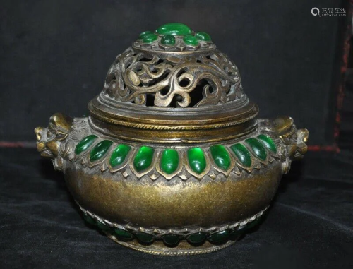 A BRONZE INLAY GREEN JADE BEAST CENSER …