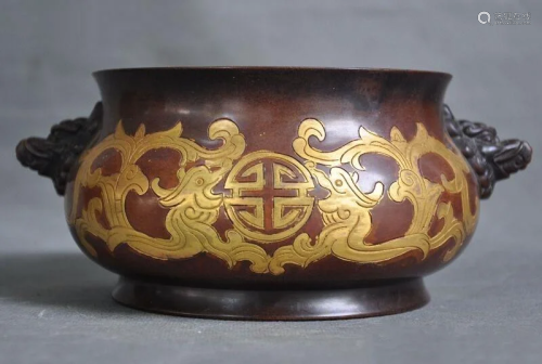 A BRONZE GILT DRAGON & LION CENSER QI…