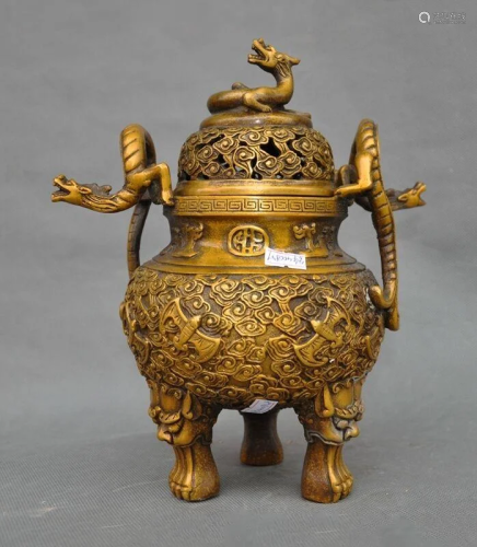 A BRONZE DOUBLE EAR DRAGON CENSER QING DY…