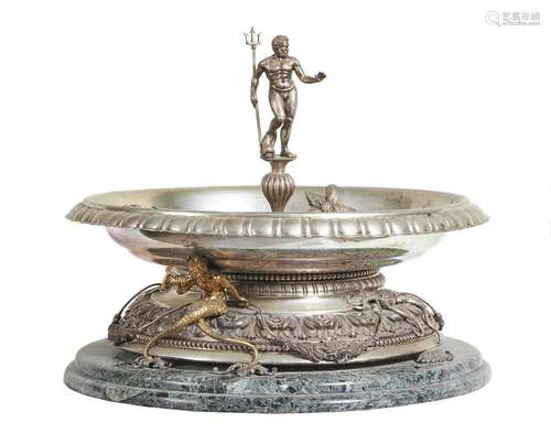 A German white metal, parcel gilt and verde antico mounted table fountain