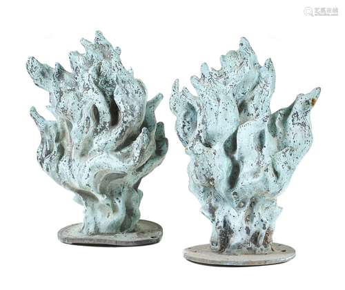 Two French or British verdigris bronze flambeau finials