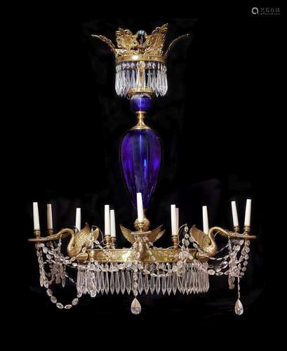 A substantial Baltic cobalt and clear glass and gilt bronze mounted twelve light chandelier in Neocl