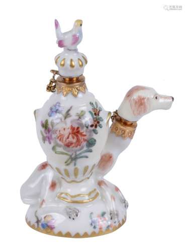 A Charles Gouyn St. James's factory type scent bottle and stopper of a hound and urn painted with fl