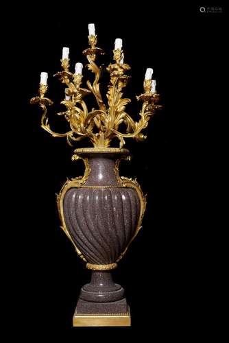 A pair of monumental ten light porphyry and gilt bronze mounted candelabra in Louis XV taste