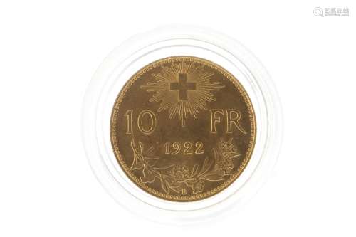 A GOLD 10 FRANC COIN, 1922