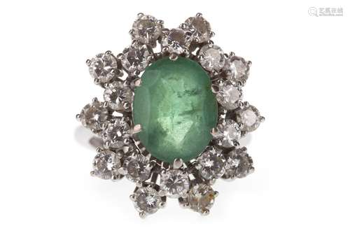 A GREEN GEM AND DIAMOND CLUSTER RING