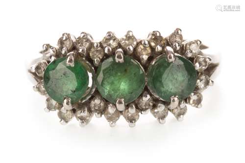 A GREEN GEM SET AND DIAMOND CLUSTER RING