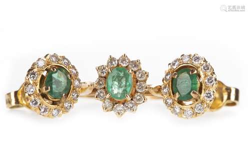 AN GREEN GEM AND DIAMOND RING AND MATCHING EARRINGS