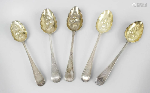 Five George III silver 'berry' table spoons, each with