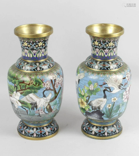 A pair of oriental cloisonné vases, of tapering …