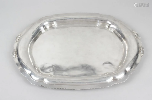 A large Victorian silver platter or dish, the shaped