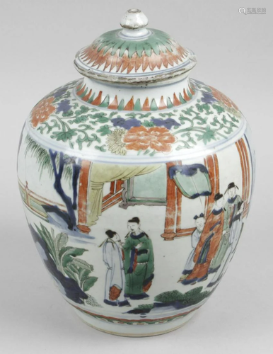 An antique Chinese Wucai jar and cover, the jar …