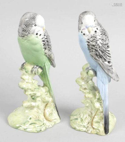 Two Beswick ornaments modelled as budgies, each with