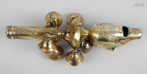 An Georgian silver gilt child's rattle, of knopped form