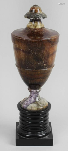 A late 19th century Blue John pedestal urn, of